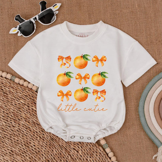 Little Cutie Orange Fruit Baby Girl Bubble Romper Bodysuit Outfit with Green Leaves and Bows Perfect Newborn Shower Gift First Birthday Celebration
