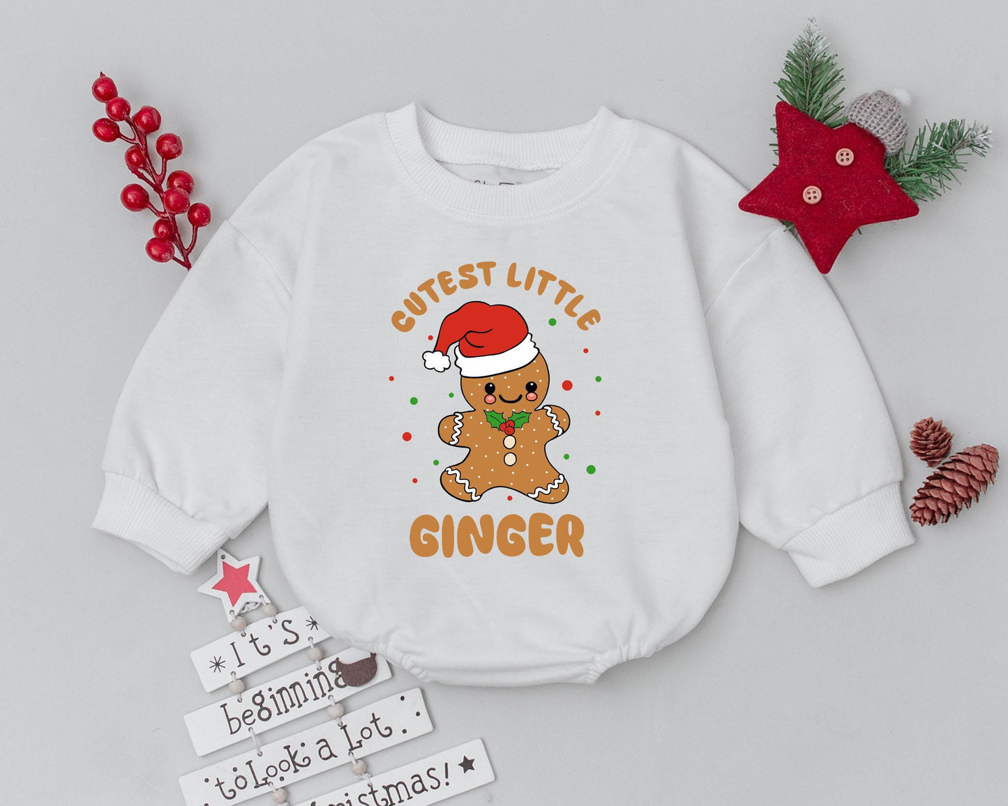 Cutest Little Ginger Gingerbread Man Christmas Bubble Romper Infant Bodysuit Festive Red Santa Hat Holly Xmas Baby Newborn Outfit Gift