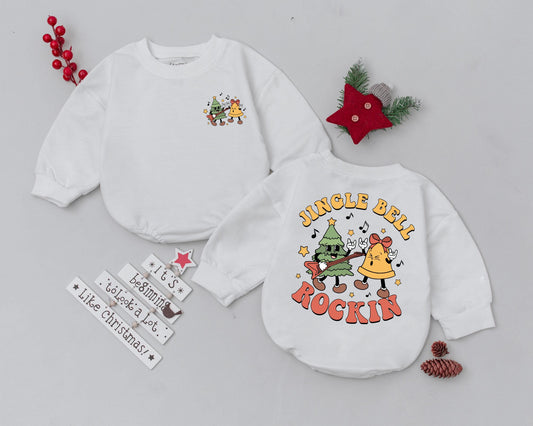 Jingle Bell Rockin' Retro Baby Bubble Romper First Christmas Outfit Vintage Tree Guitar Rock On Hand Newborn Shower Gift Idea for Infants