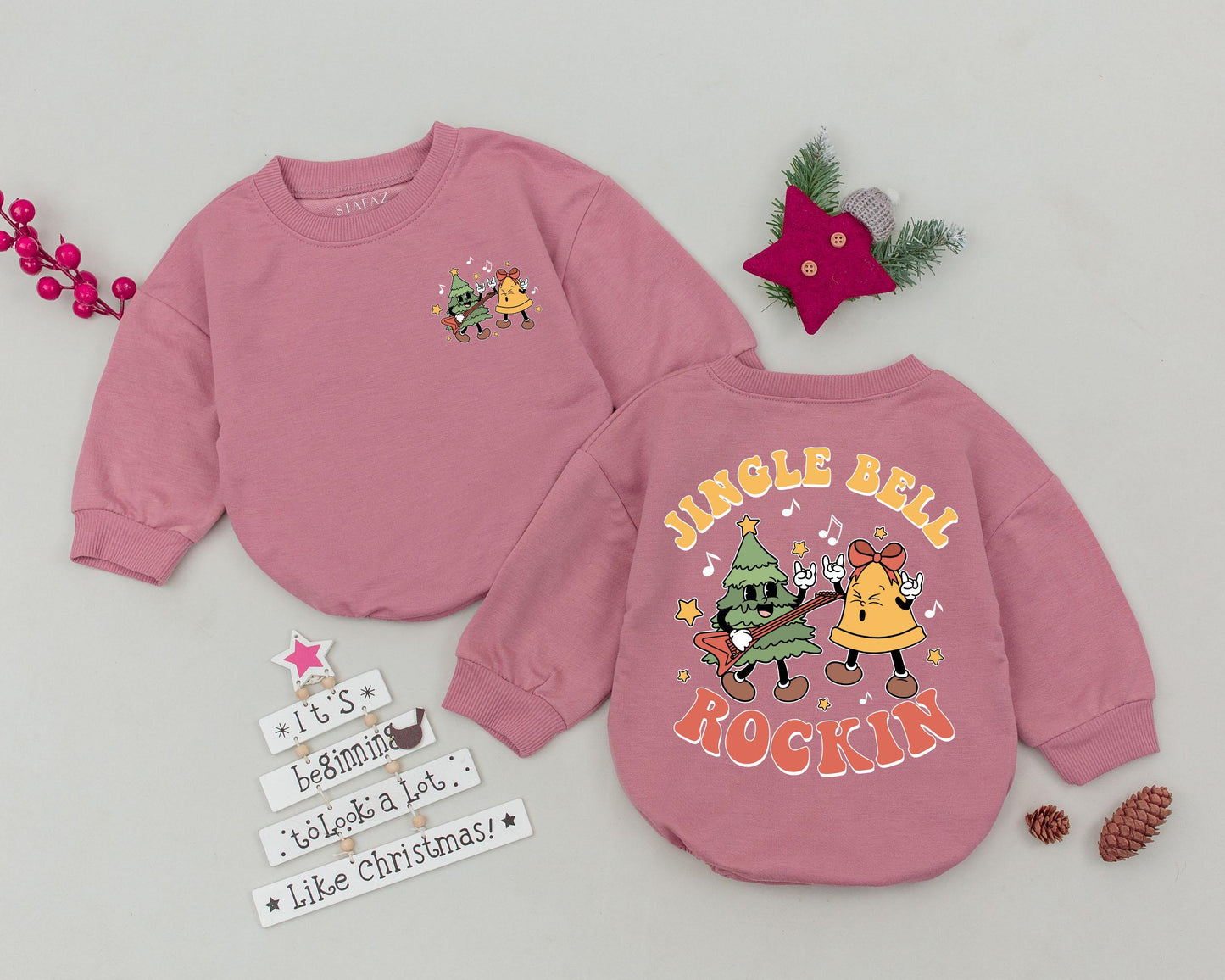 Jingle Bell Rockin' Retro Baby Bubble Romper First Christmas Outfit Vintage Tree Guitar Rock On Hand Newborn Shower Gift Idea for Infants