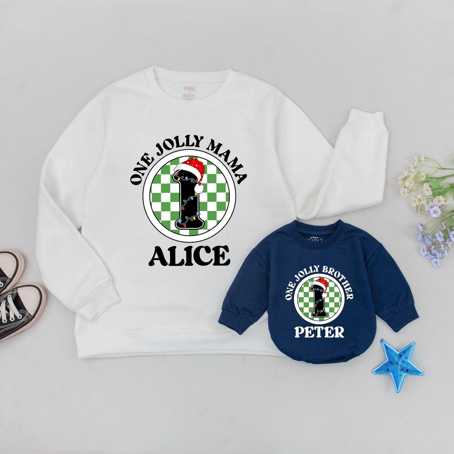 Personalized Holly Jolly Family Christmas Sweatshirt & Baby Romper Set, Custom Name New Parents Holiday Outfit Gift