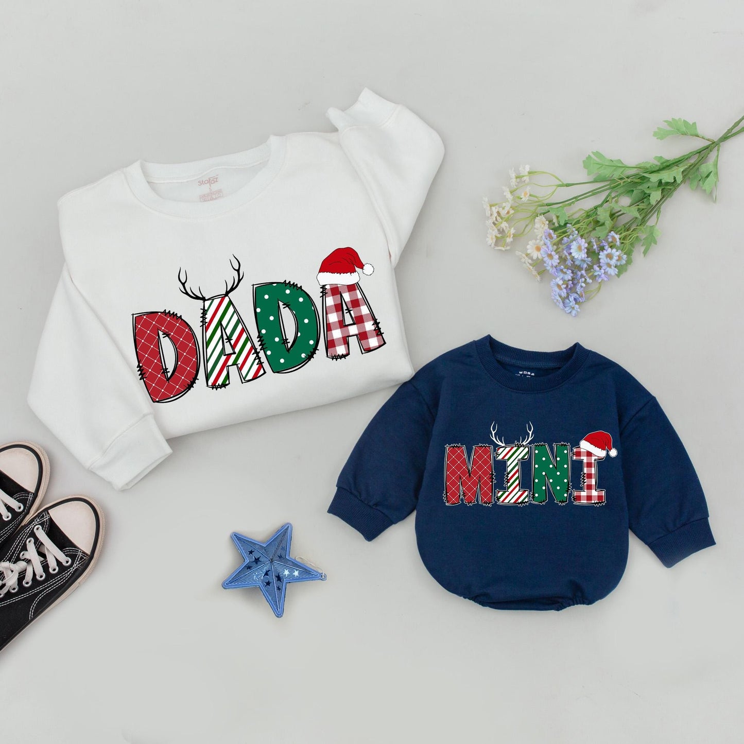 Personalized Christmas Family Matching Sweaters Rompers for Mama Dada Mini Festive Plaid Polka Dot Striped Antler Santa Hat Baby Outfits New Parents Gifts