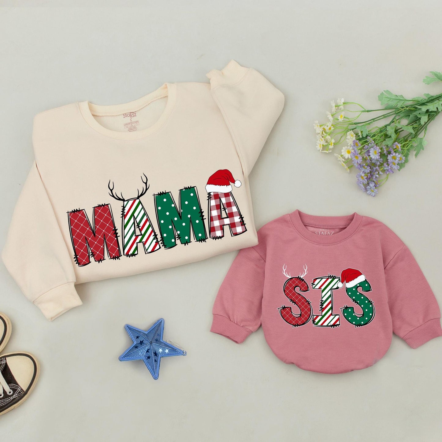 Personalized Christmas Family Matching Sweaters Rompers for Mama Dada Mini Festive Plaid Polka Dot Striped Antler Santa Hat Baby Outfits New Parents Gifts