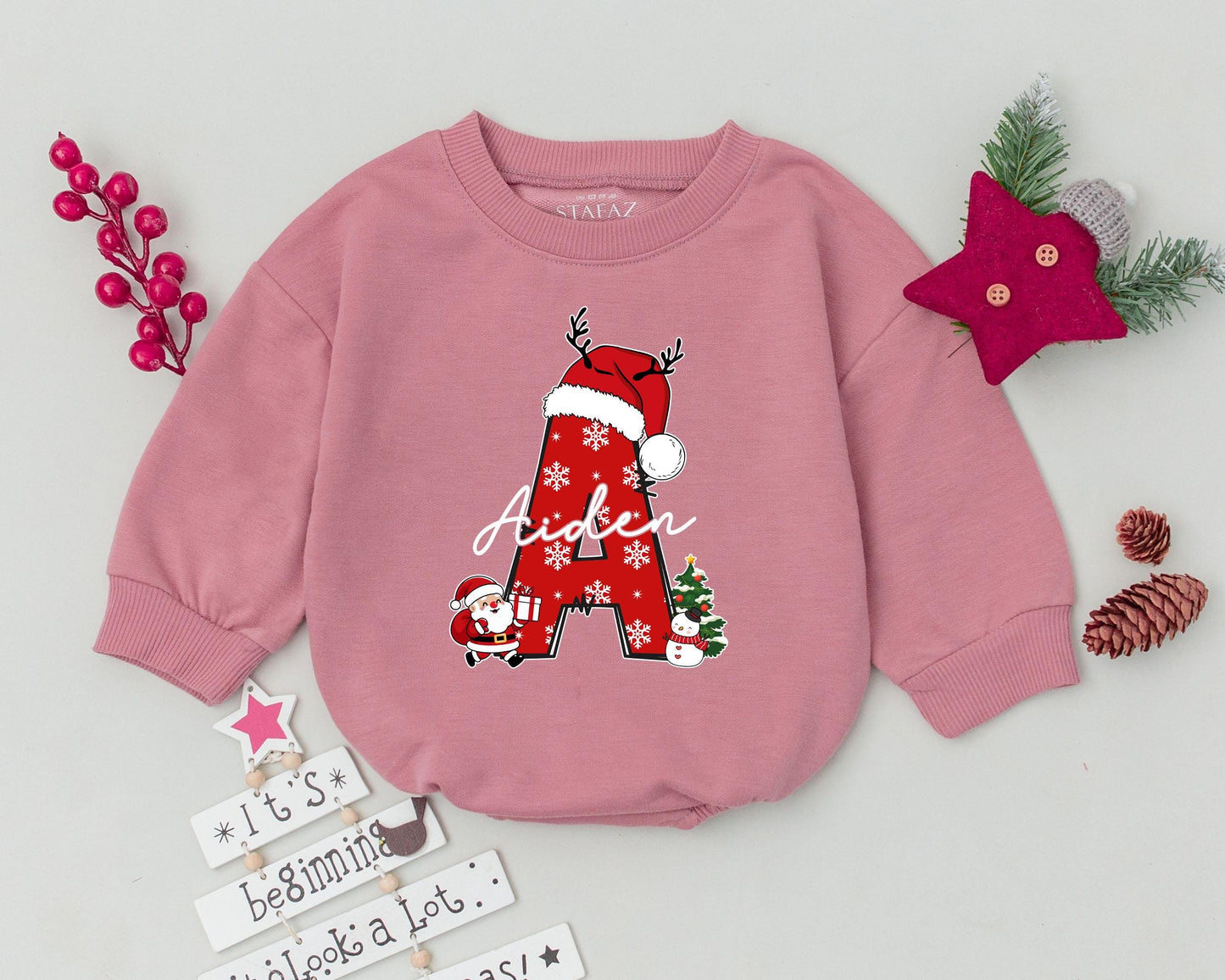 Personalized Peter Initial P My First Christmas Baby Romper Festive Red Letter Santa Hat Antlers Snowman Christmas Tree Holiday Outfit Infant Clothing Gift
