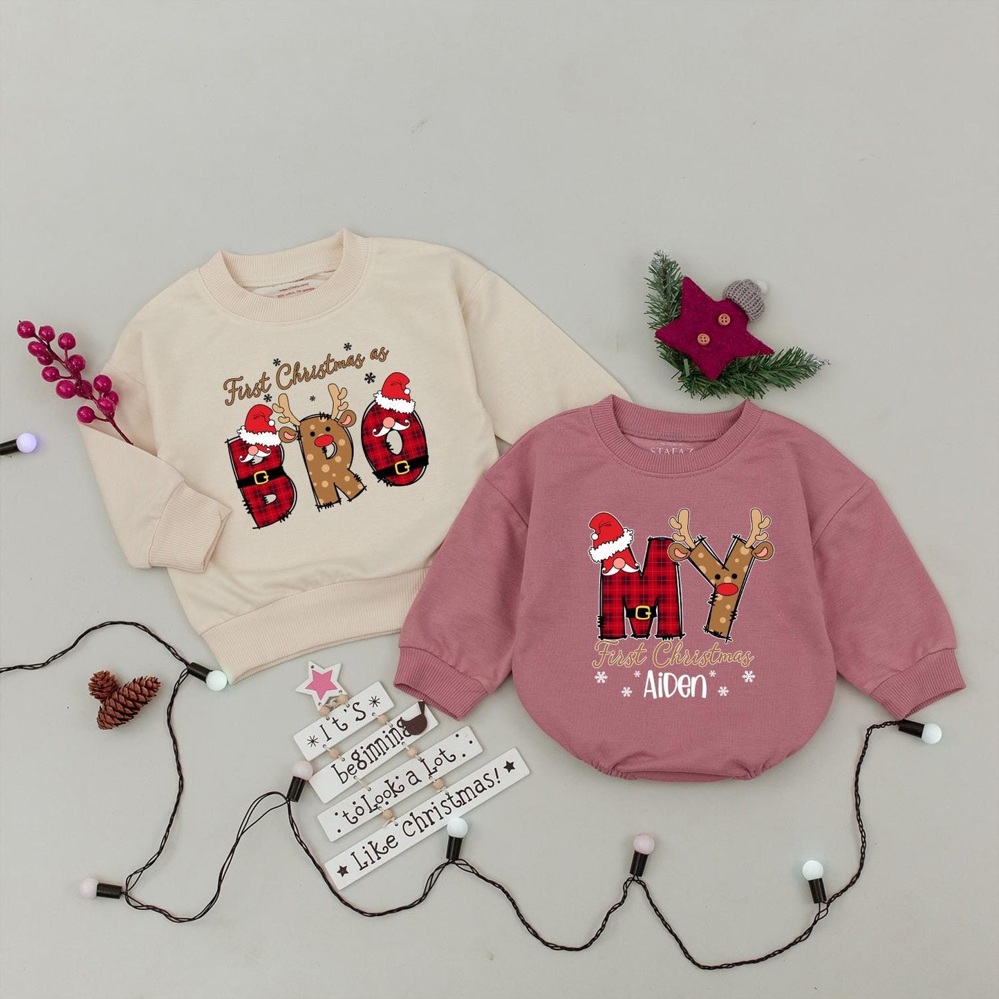 Personalized First Christmas Family Matching Sweaters for Dad Mom Bro Baby with Plaid Antlers Santa Hats & Snowflakes Festive Holiday Outfits