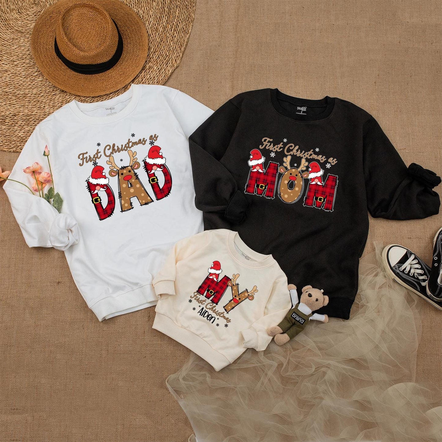 Personalized First Christmas Family Matching Sweaters for Dad Mom Bro Baby with Plaid Antlers Santa Hats & Snowflakes Festive Holiday Outfits