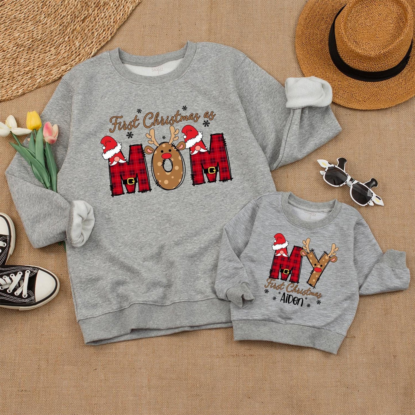 Personalized First Christmas Family Matching Sweaters for Dad Mom Bro Baby with Plaid Antlers Santa Hats & Snowflakes Festive Holiday Outfits