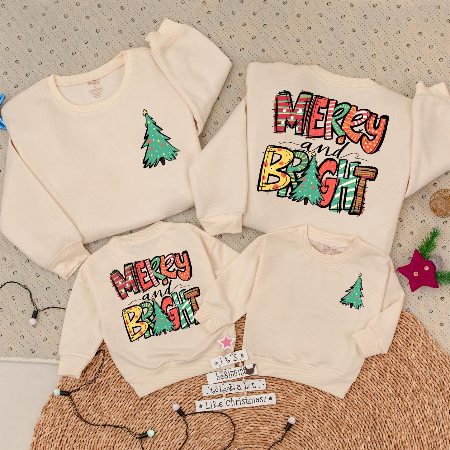 2-Sided Merry and Bright Christmas Sweatshirt for Family Holidays, Cozy Womens Tree & Hand-Drawn Pattern Outfit