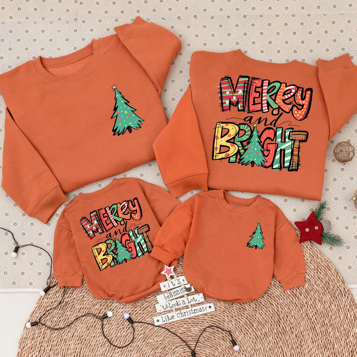 2-Sided Merry and Bright Christmas Sweatshirt for Family Holidays, Cozy Womens Tree & Hand-Drawn Pattern Outfit