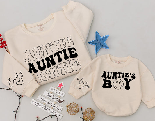 Matching Auntie & Auntie's Boy Sweatshirts, Custom Emily Heart Sleeve Xmas Gift, Black Retro Font, Cute Niece Nephew Holiday Outfit