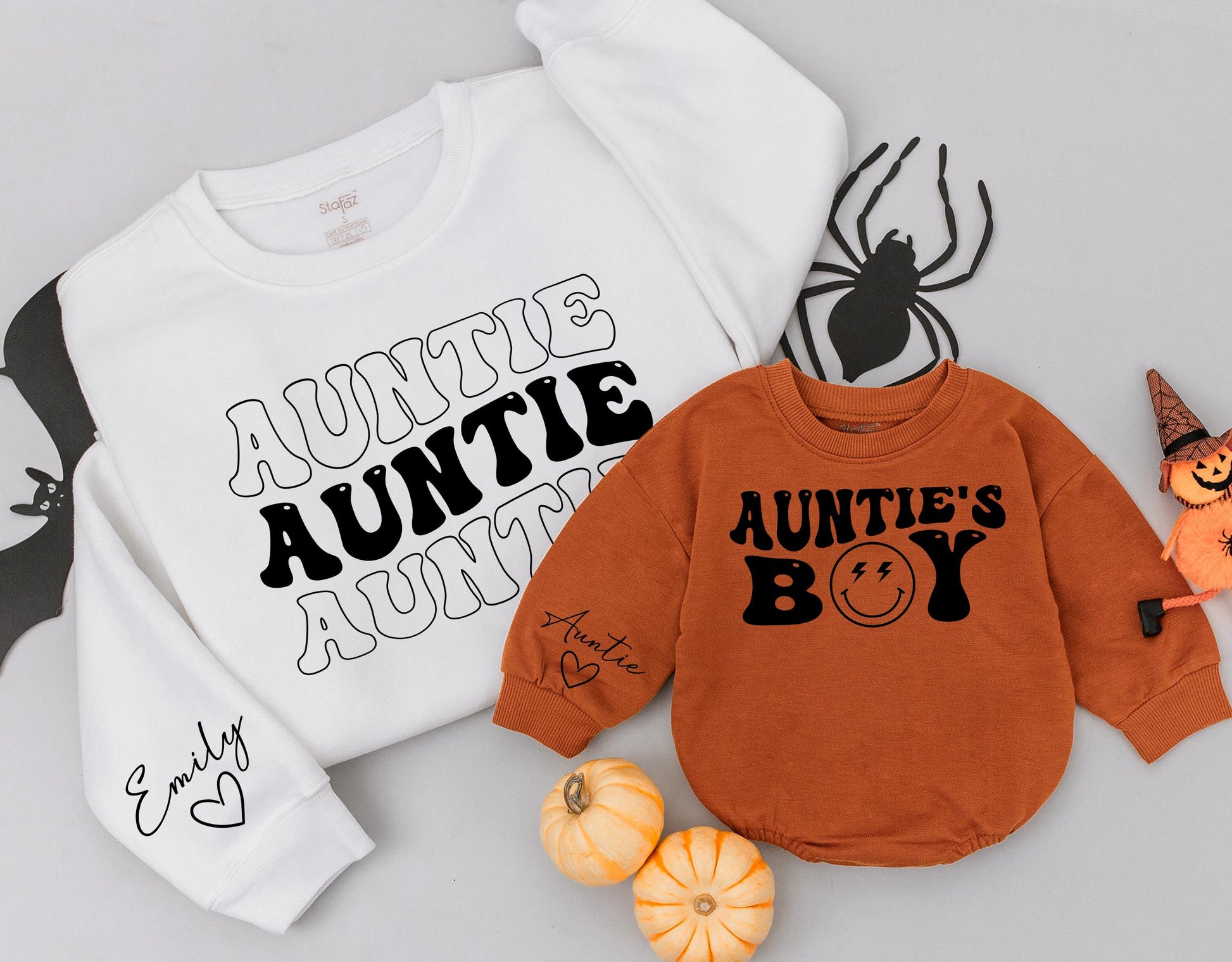 Matching Auntie & Auntie's Boy Sweatshirts, Custom Emily Heart Sleeve Xmas Gift, Black Retro Font, Cute Niece Nephew Holiday Outfit