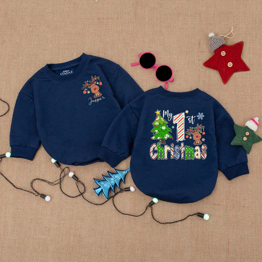 Personalized Reindeer First Christmas Baby Outfit Romper, Custom Name Holiday Bodysuit, Striped Number One, Christmas Tree Cozy Infant Clothes Gift, 138