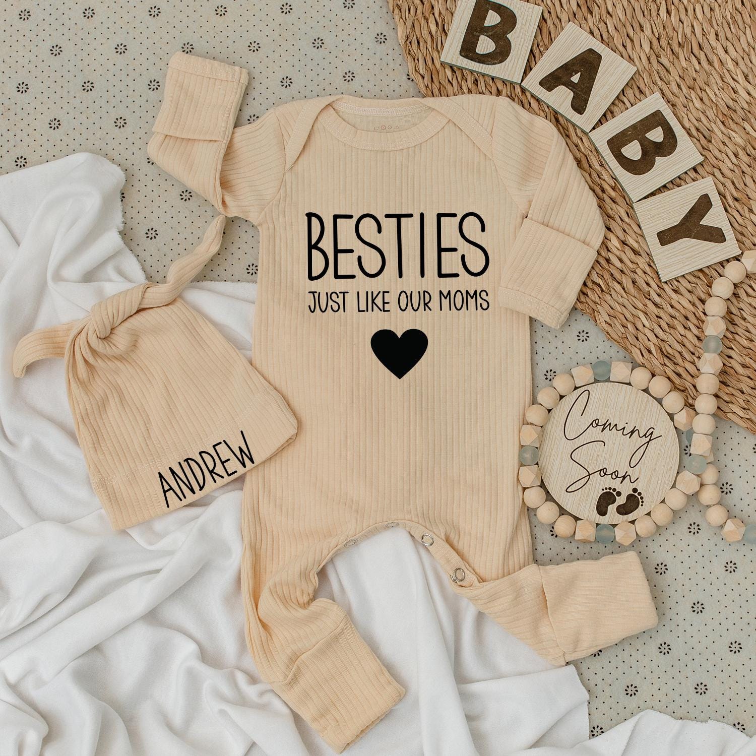Personalized Besties Just Like Our Moms Baby Bodysuit Andrew Hat Set Cute Infant Going Home Outfit Soft Cotton Newborn Shower Gift Modern Black Heart