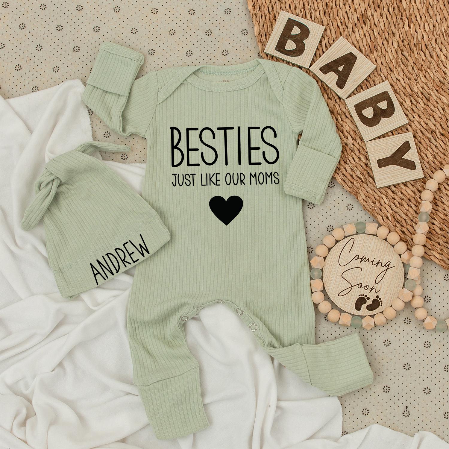 Personalized Besties Just Like Our Moms Baby Bodysuit Andrew Hat Set Cute Infant Going Home Outfit Soft Cotton Newborn Shower Gift Modern Black Heart