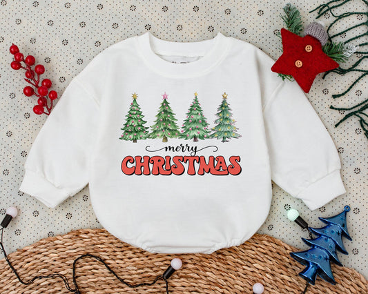 Baby First Christmas Romper Vintage Merry Christmas Tree Bubble Outfit Toddler Sweatshirt Style with Decorated Green Trees Baby Shower Gift