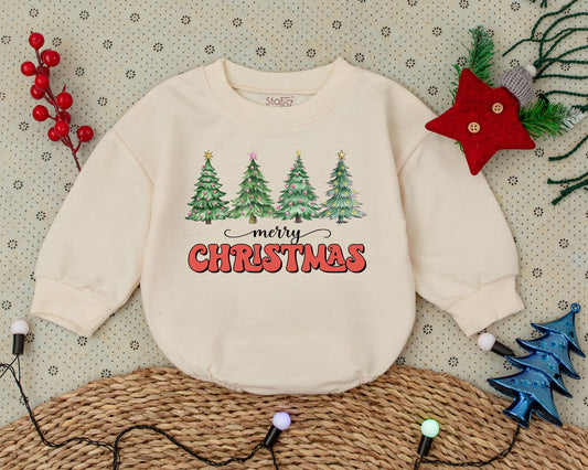Baby First Christmas Romper Vintage Merry Christmas Tree Bubble Outfit Toddler Sweatshirt Style with Decorated Green Trees Baby Shower Gift