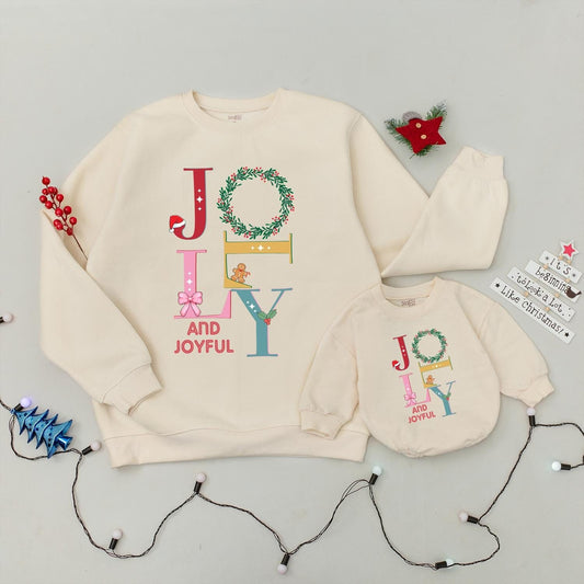 Jolly and Joyful Christmas Sweatshirt Family Matching Outfit, Retro Xmas Crewneck for Women & Kids, Holiday Gift, Fun Winter Sweater, Colorful Jolly Design