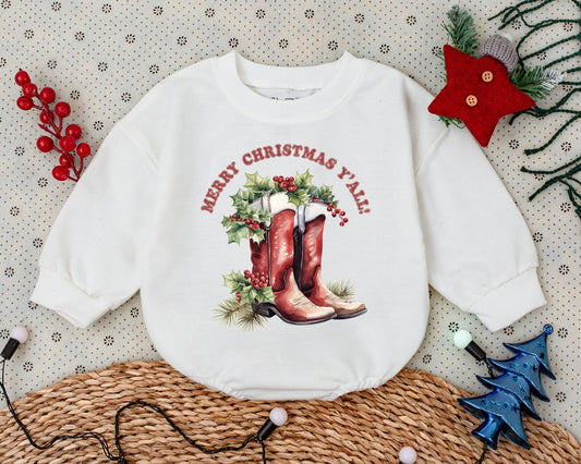 Merry Christmas Y'all Baby Bubble Romper with Cowboy Boots & Holly Design First Christmas Western Toddler Outfit Rustic Watercolor Style Gift