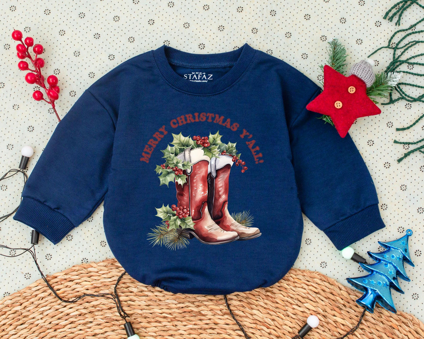 Merry Christmas Y'all Baby Bubble Romper with Cowboy Boots & Holly Design First Christmas Western Toddler Outfit Rustic Watercolor Style Gift