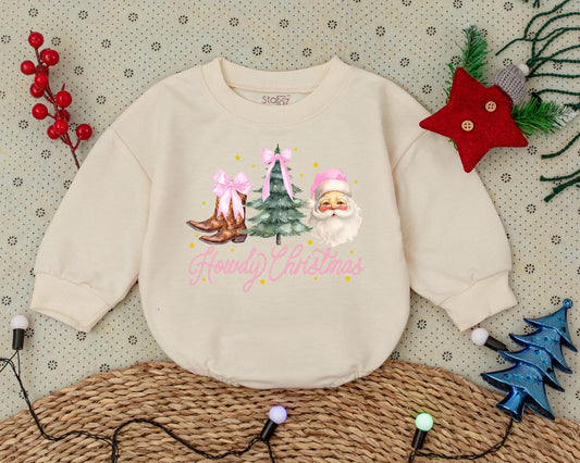 Howdy Christmas Baby Romper Western Pink Christmas Tree Design First Christmas Clothes Toddler Sweatshirt Baby Shower Gift Retro Whimsical Outfit
