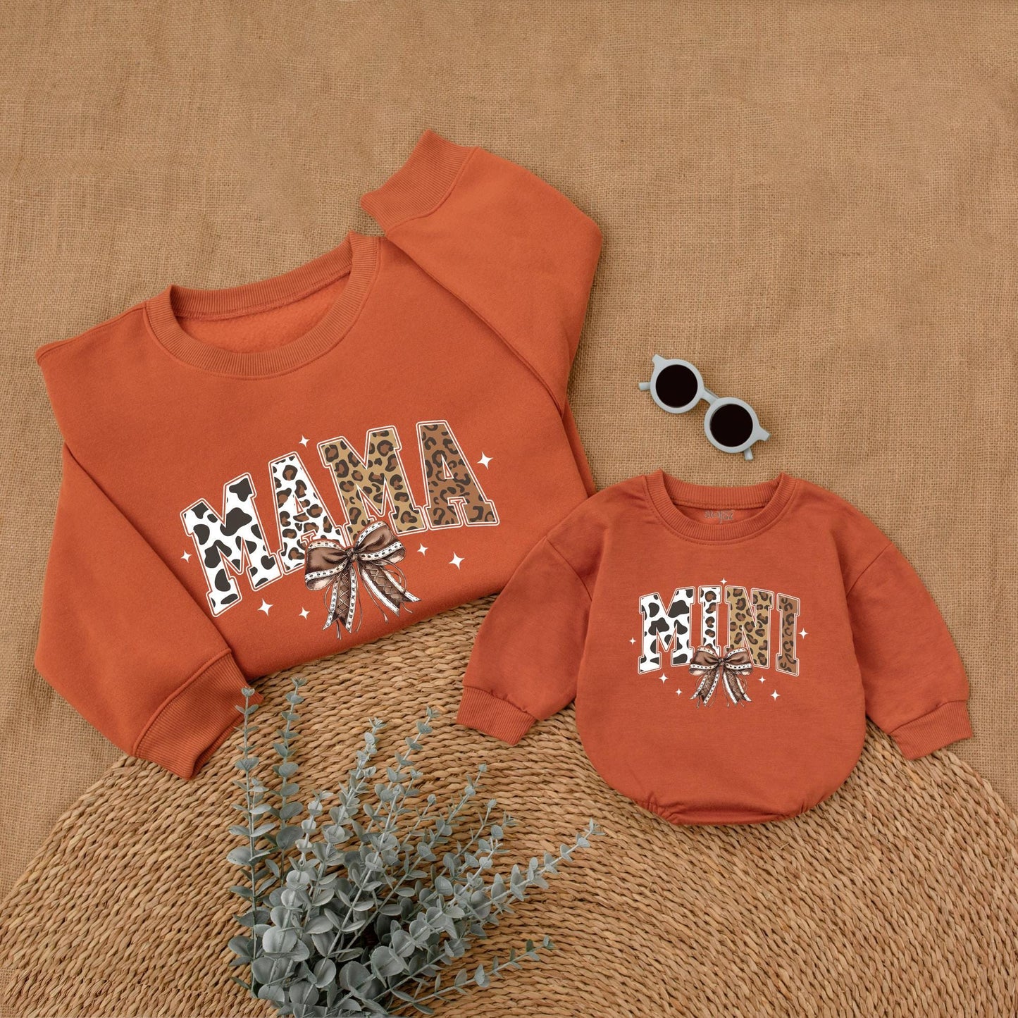 Personalized Howdy Christmas Mama and Mini Western Matching Sweatshirt with Cow Print Leopard Accents Rustic Bow Christmas Family