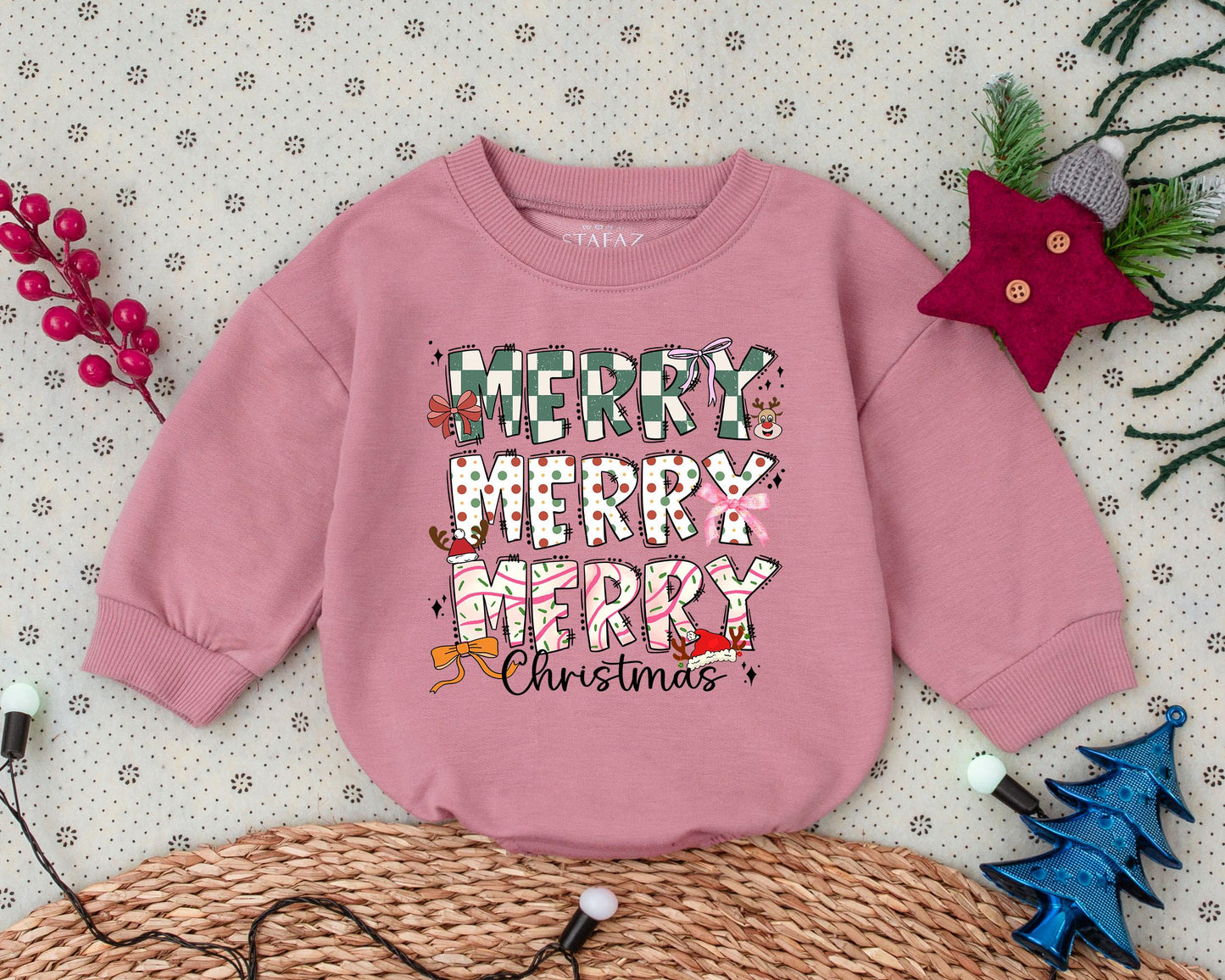Merry Christmas Baby Romper with Playful Pink Checkerboard Reindeer First Holiday Outfit for Toddler Girl Soft Cozy Vintage Infant Gift