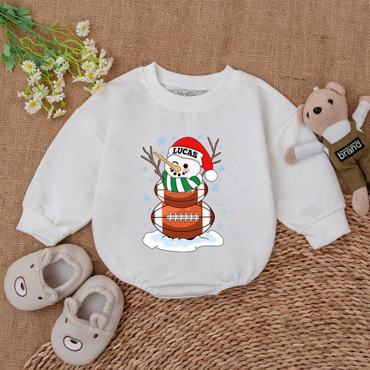 Personalized Lucas Football Snowman Christmas Baby Bodysuit with Blue Snowflakes, Festive Winter Outfit and Santa Hat Newborn Gift for Football Lovers