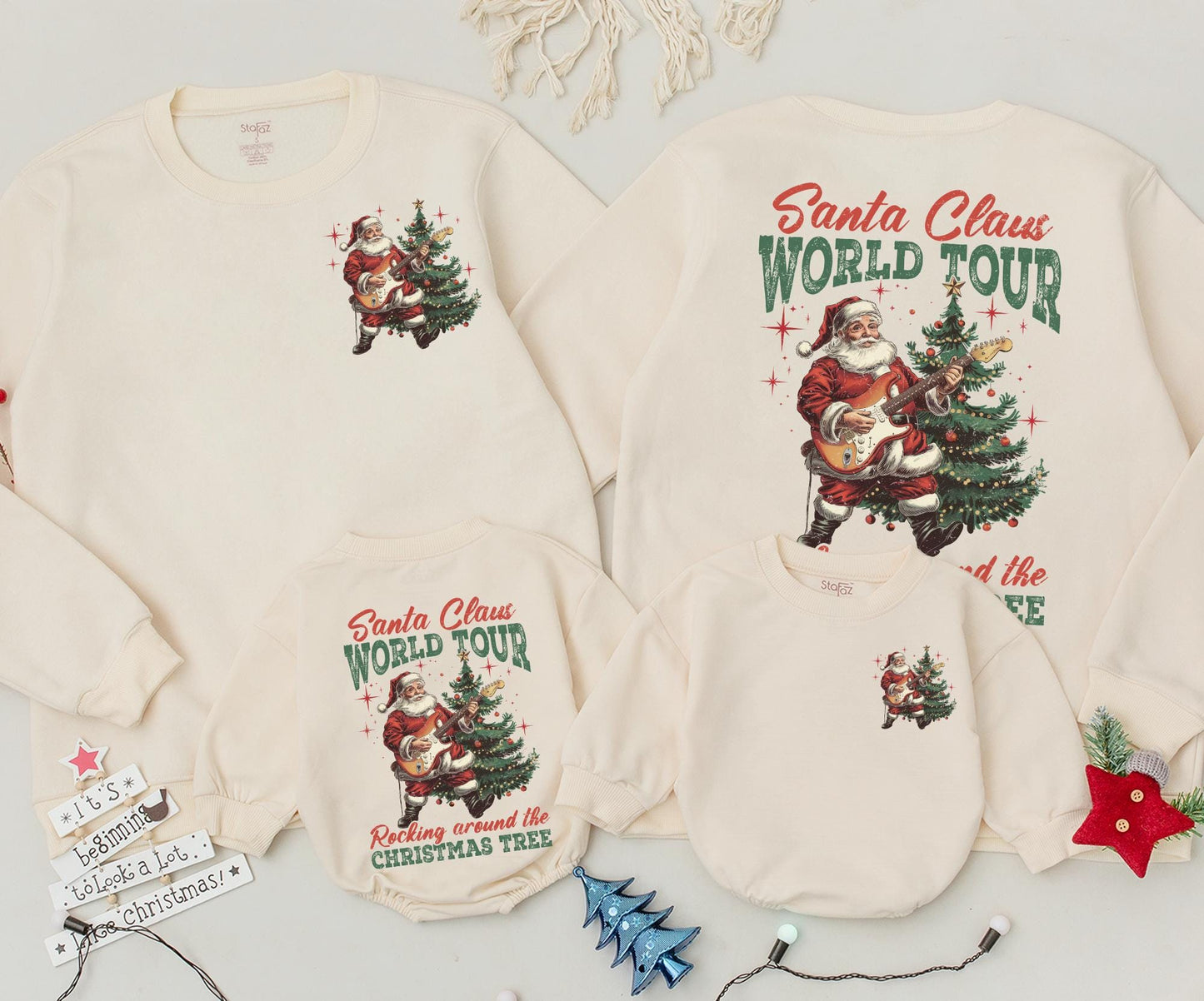 Retro Rockin' Santa World Tour Sweatshirt, Guitar Playing Christmas Tree Outfit, Baby Romper, Toddler Gift, 2 Sided Xmas Sweater Newborn Clothing 138