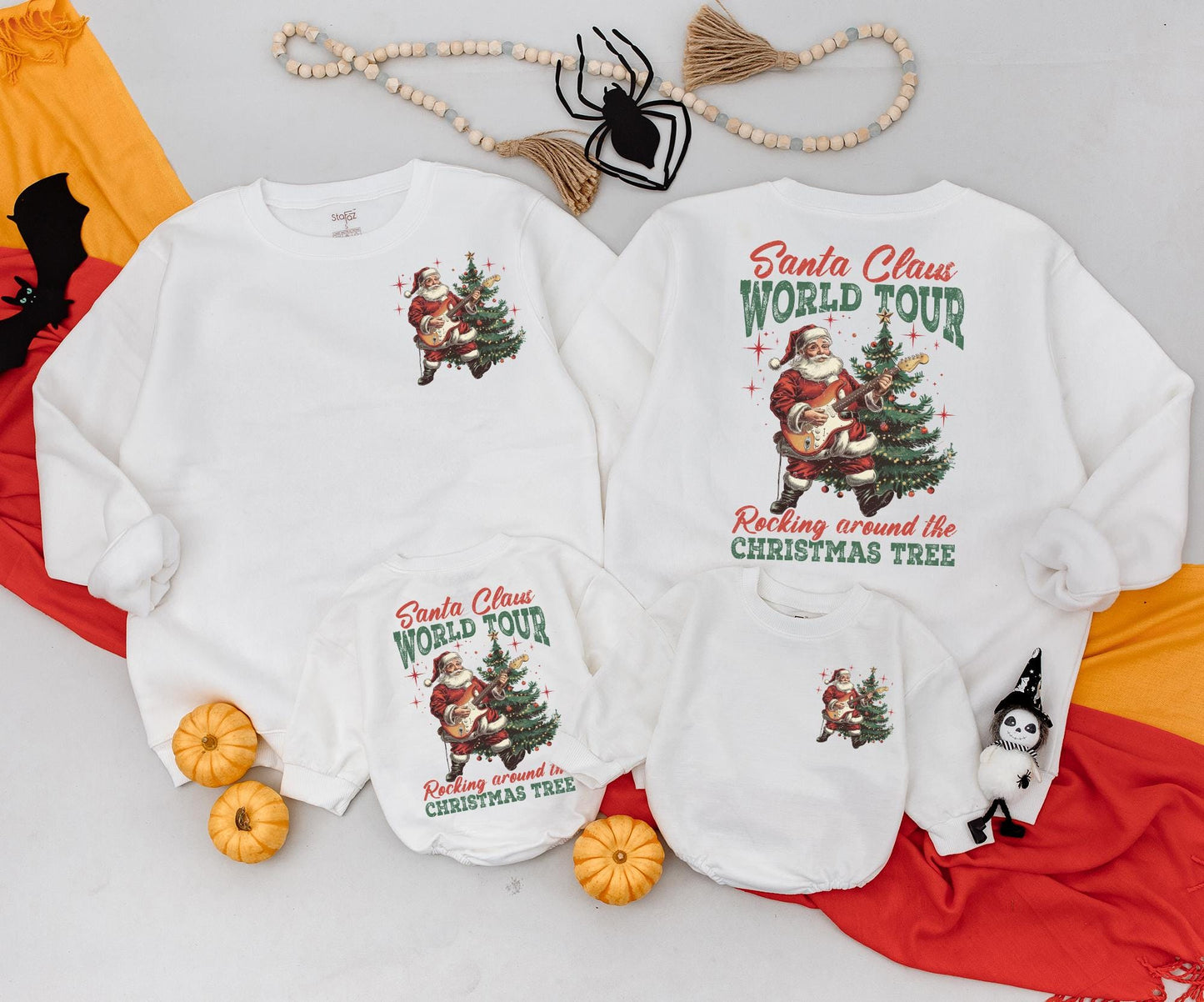 Retro Rockin' Santa World Tour Sweatshirt, Guitar Playing Christmas Tree Outfit, Baby Romper, Toddler Gift, 2 Sided Xmas Sweater Newborn Clothing 138