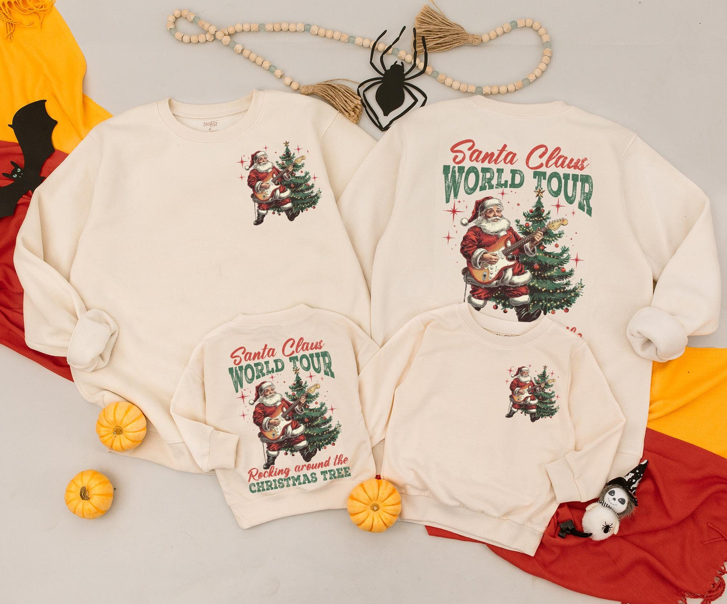 Retro Rockin' Santa World Tour Sweatshirt, Guitar Playing Christmas Tree Outfit, Baby Romper, Toddler Gift, 2 Sided Xmas Sweater Newborn Clothing 138