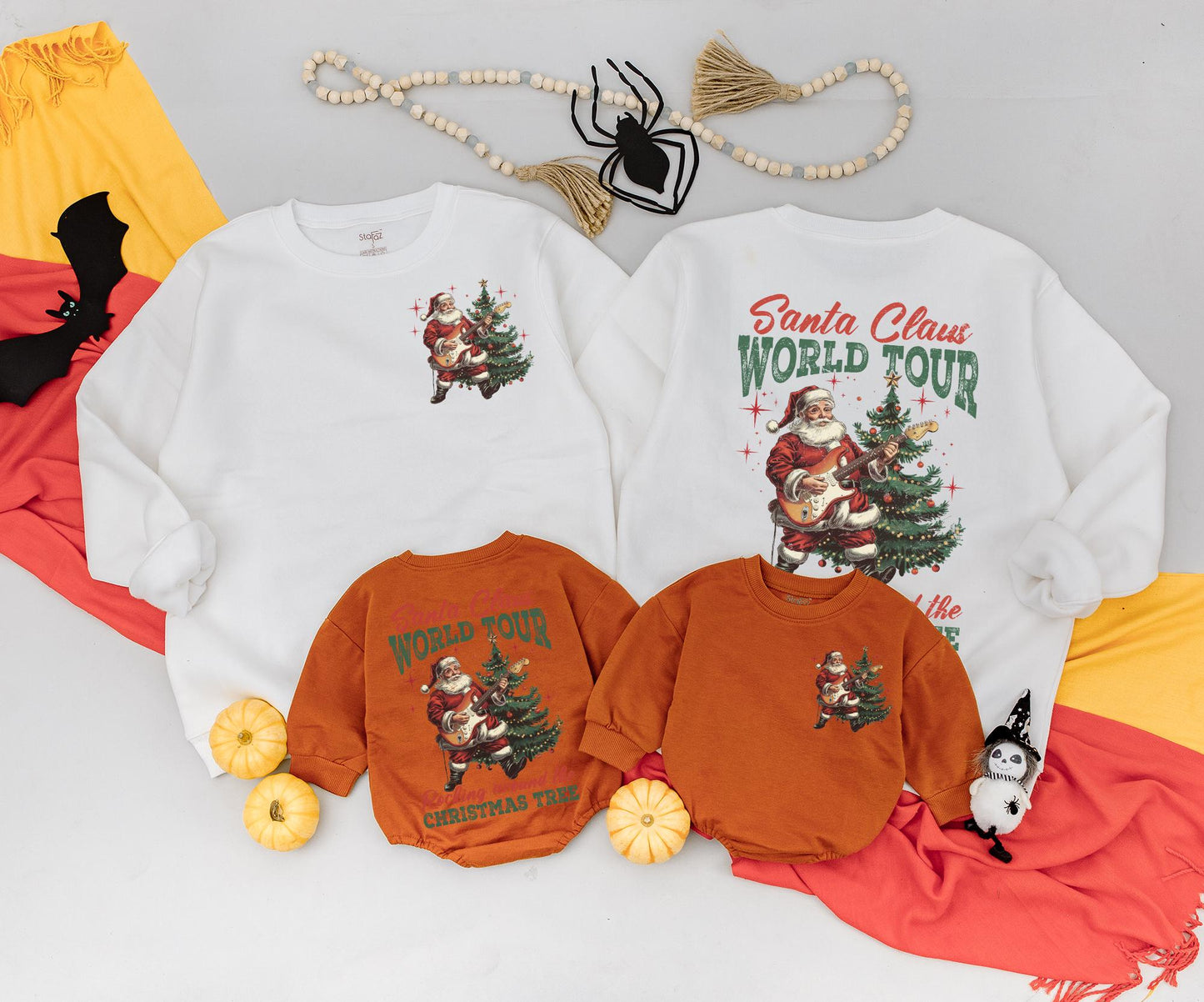 Retro Rockin' Santa World Tour Sweatshirt, Guitar Playing Christmas Tree Outfit, Baby Romper, Toddler Gift, 2 Sided Xmas Sweater Newborn Clothing 138