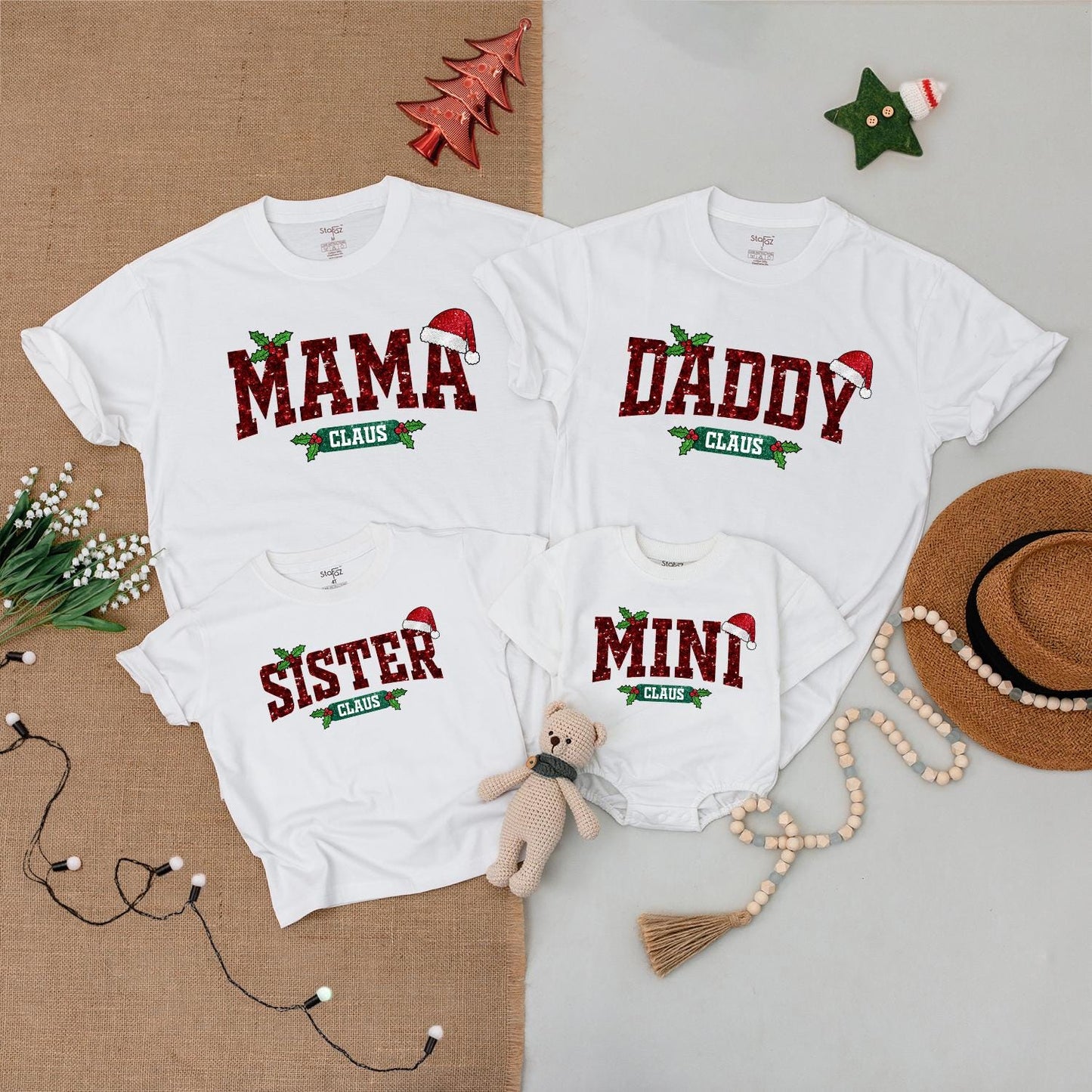 Matching Family Claus Christmas Shirts, Mama Daddy Sister Mini Outfits, Sparkly Red Holiday Tees, Santa Hats, Cute Newborn Baby Clothes Gift (139 chars)