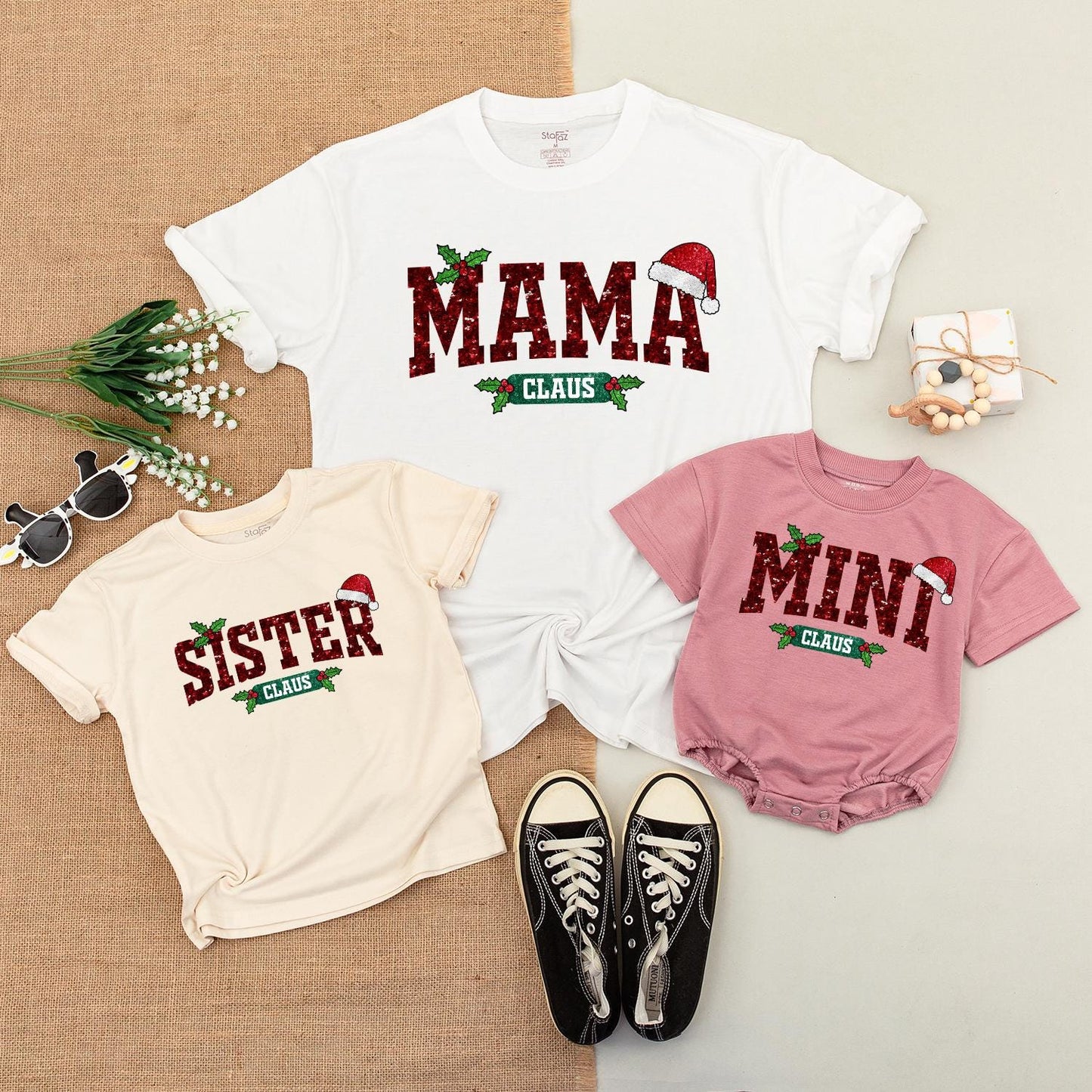 Matching Family Claus Christmas Shirts, Mama Daddy Sister Mini Outfits, Sparkly Red Holiday Tees, Santa Hats, Cute Newborn Baby Clothes Gift (139 chars)
