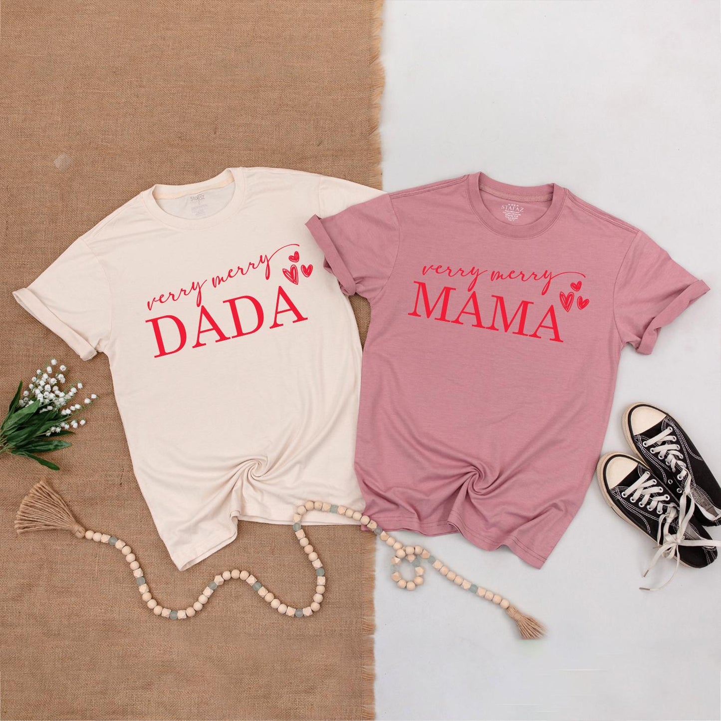 Very Merry Christmas Matching Family Shirts, Mama Mini Claus Outfit, Red Heart Holiday Tees, Baby Bodysuit, Newborn Gift Set, Festive Xmas Apparel (139 chars)