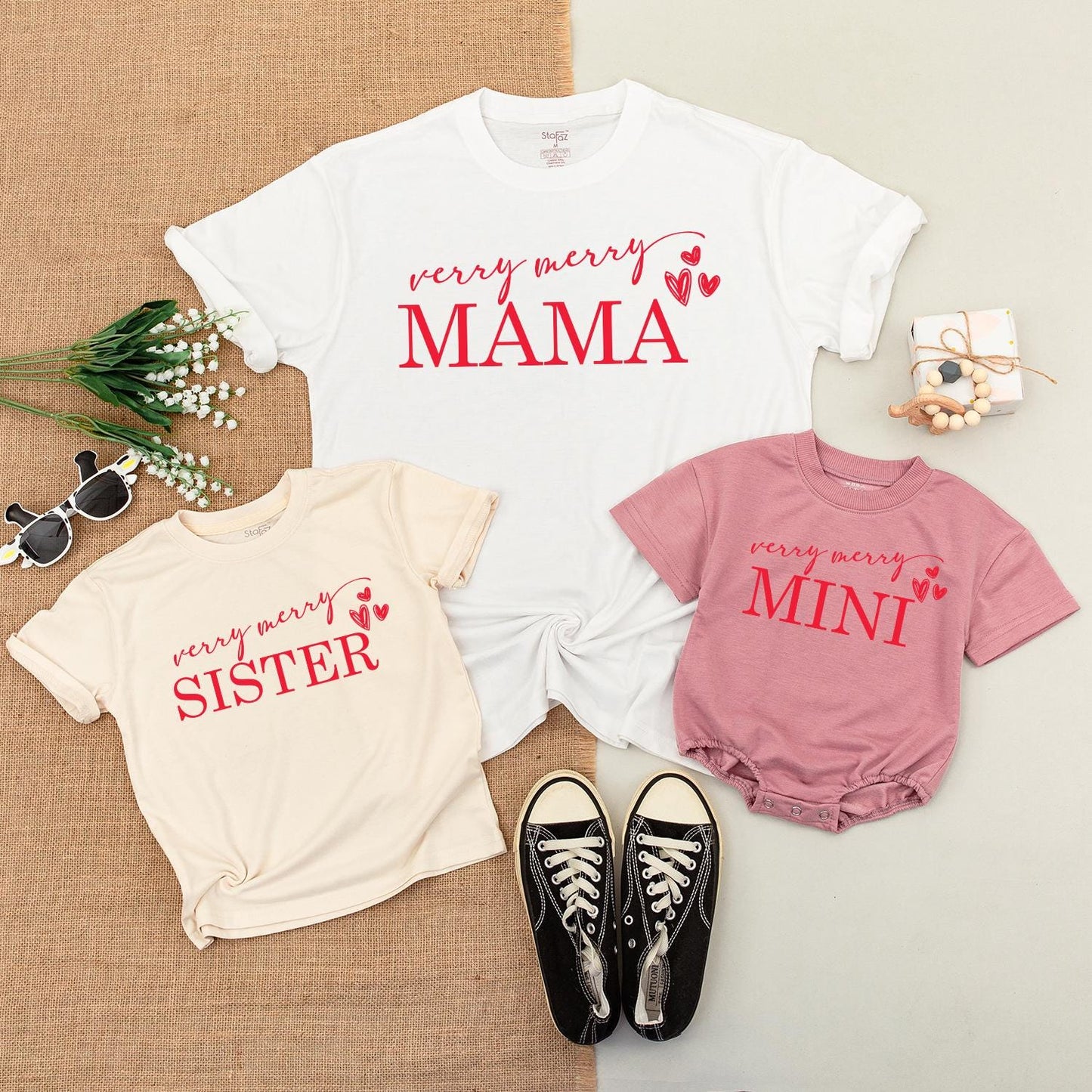 Very Merry Christmas Matching Family Shirts, Mama Mini Claus Outfit, Red Heart Holiday Tees, Baby Bodysuit, Newborn Gift Set, Festive Xmas Apparel (139 chars)