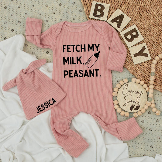 Fetch My Milk Peasant Baby Bodysuit & Hat Set Cute Baby Clothes Going Home Outfit Vintage Baby Clothes Baby Shower Gifts Romper Kids