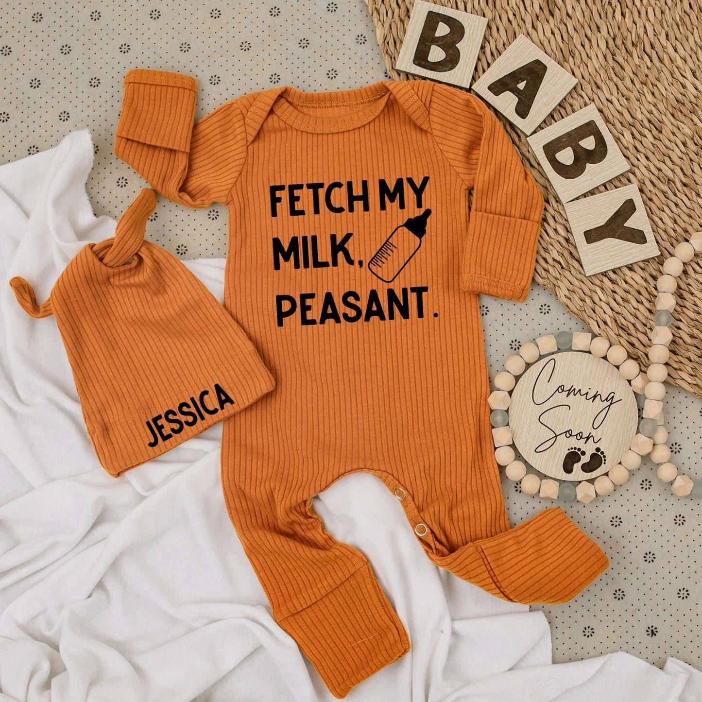 Fetch My Milk Peasant Baby Bodysuit & Hat Set Cute Baby Clothes Going Home Outfit Vintage Baby Clothes Baby Shower Gifts Romper Kids