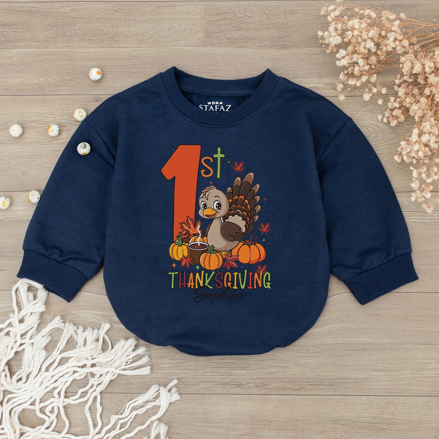 Baby's 1st Thanksgiving Romper, Cute Turkey Day Outfit, Little Pumpkin Bodysuit, Personalized Sophia Thanksgiving Outfit, Autumn Gift Idea Kid Sweatshirt 1st