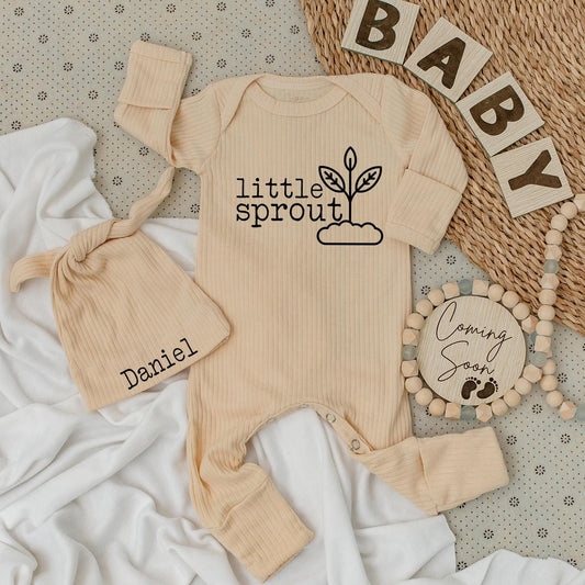 Little Sprout Baby Bodysuit & Hat Set Minimalist Plant Cloud Design Unisex Newborn Gift Going Home Outfit