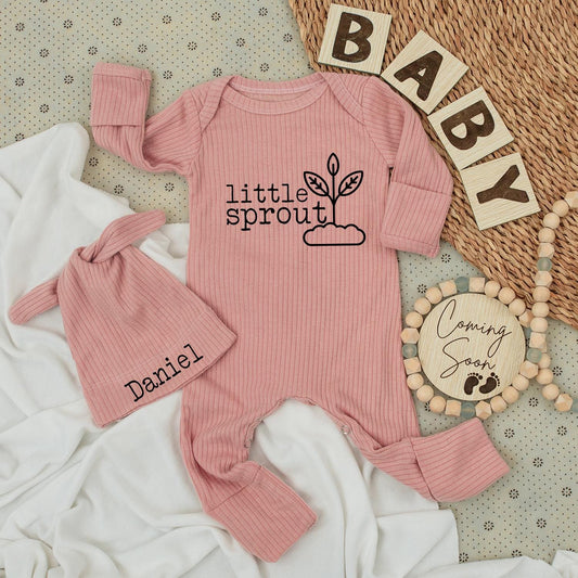 Little Sprout Baby Bodysuit & Hat Set Minimalist Plant Cloud Design Unisex Newborn Gift Going Home Outfit