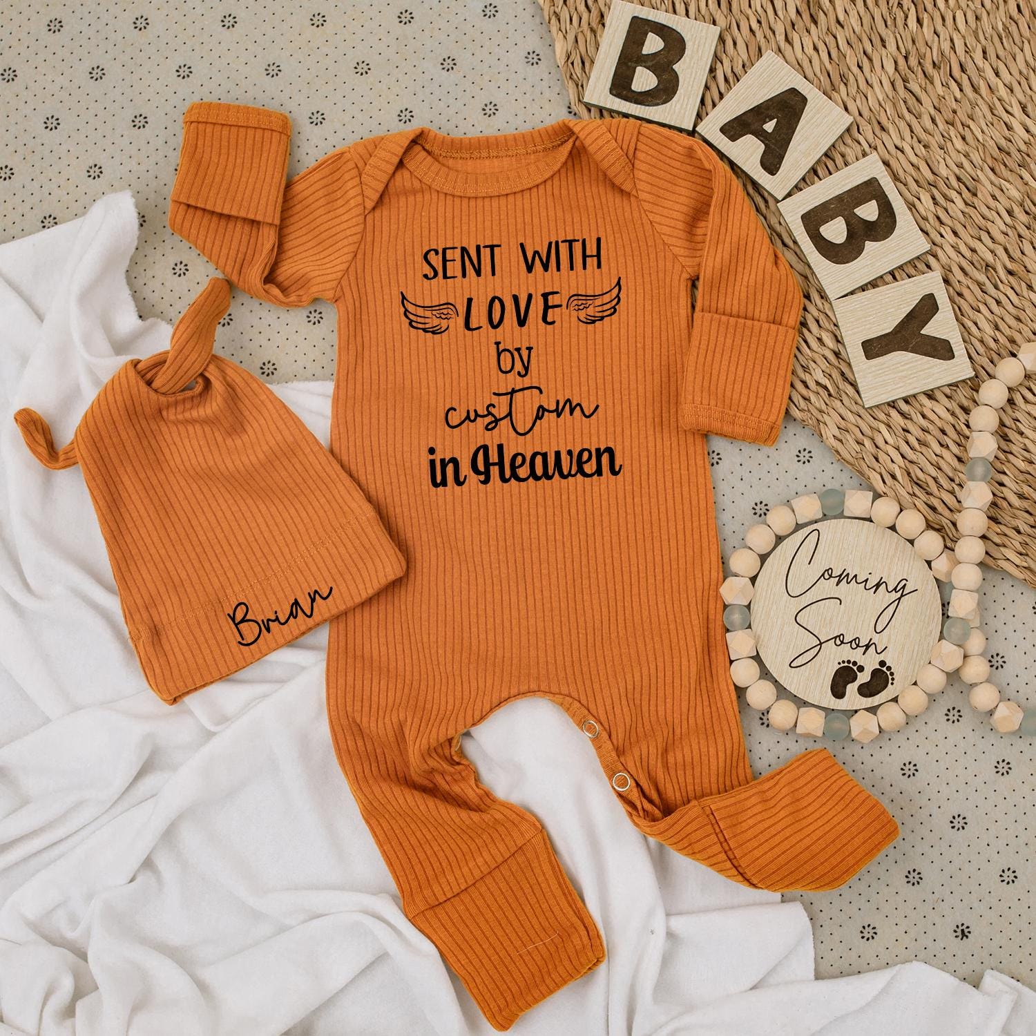 Personalized Heaven Sent Baby Bodysuit and Hat Set featuring "Sent with Love by Grandma in Heaven" and Custom Baby Name
