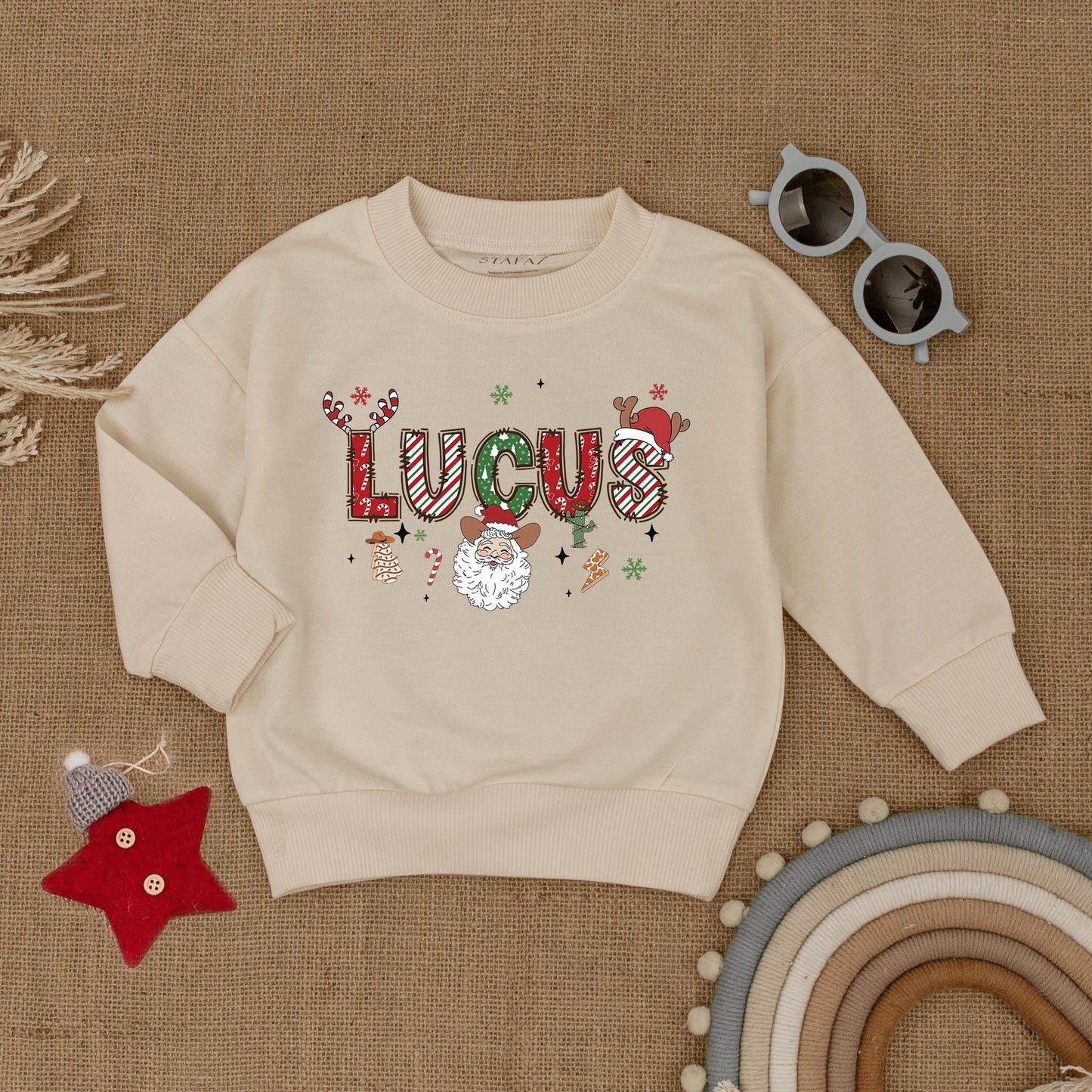 Personalized Western Christmas Sweatshirt: Candy Cane Name Santa Cactus Toddler Shirt, Holiday Baby Shower Gift, Cozy Outfit, Fun Xmas Colors