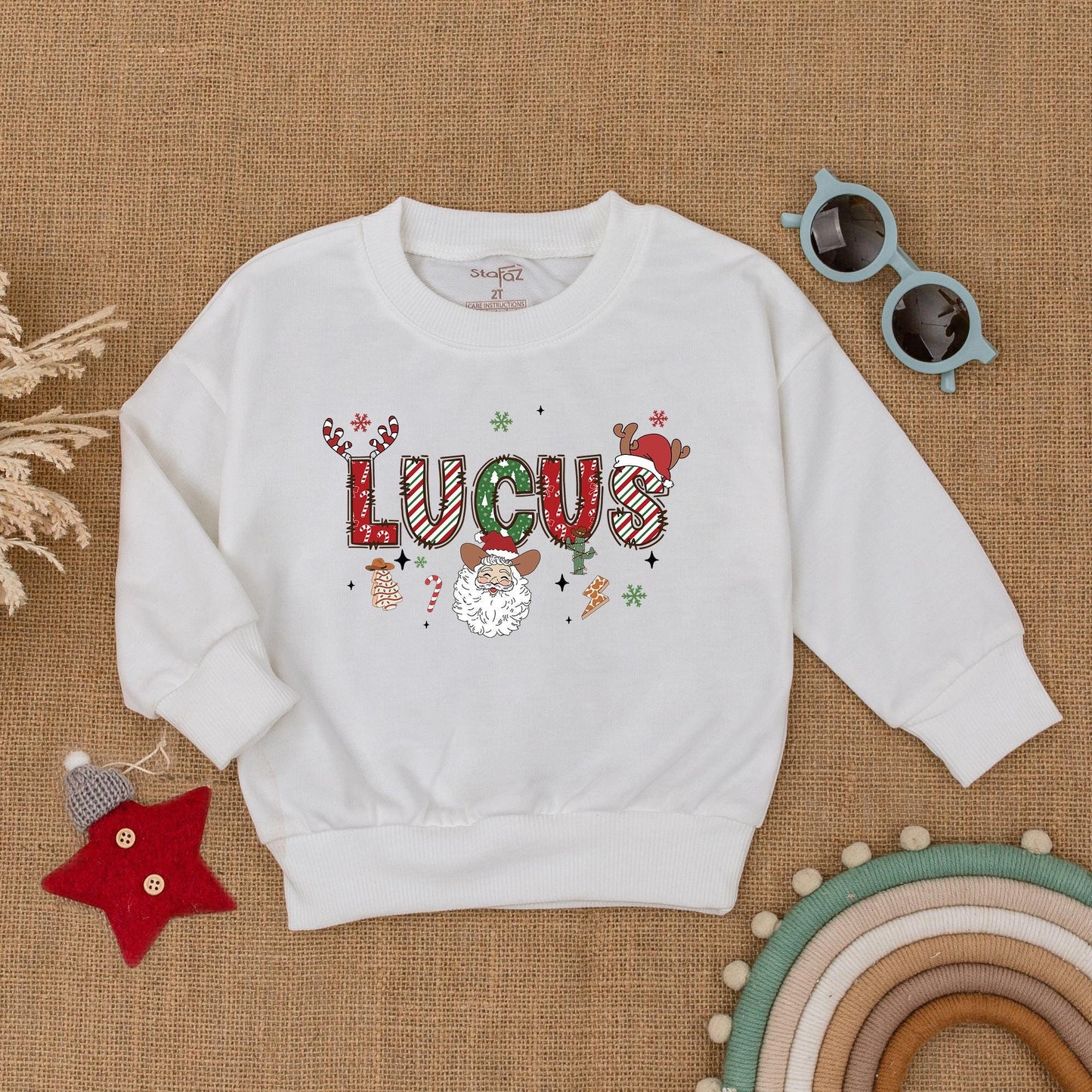 Personalized Western Christmas Sweatshirt: Candy Cane Name Santa Cactus Toddler Shirt, Holiday Baby Shower Gift, Cozy Outfit, Fun Xmas Colors