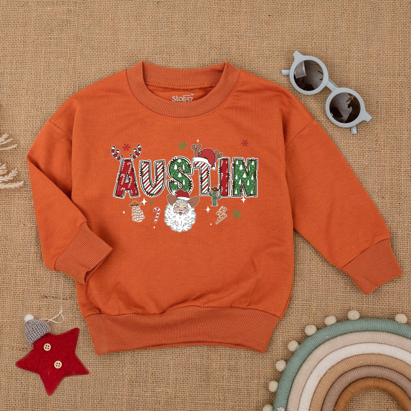 Personalized Western Christmas Sweatshirt: Candy Cane Name Santa Cactus Toddler Shirt, Holiday Baby Shower Gift, Cozy Outfit, Fun Xmas Colors