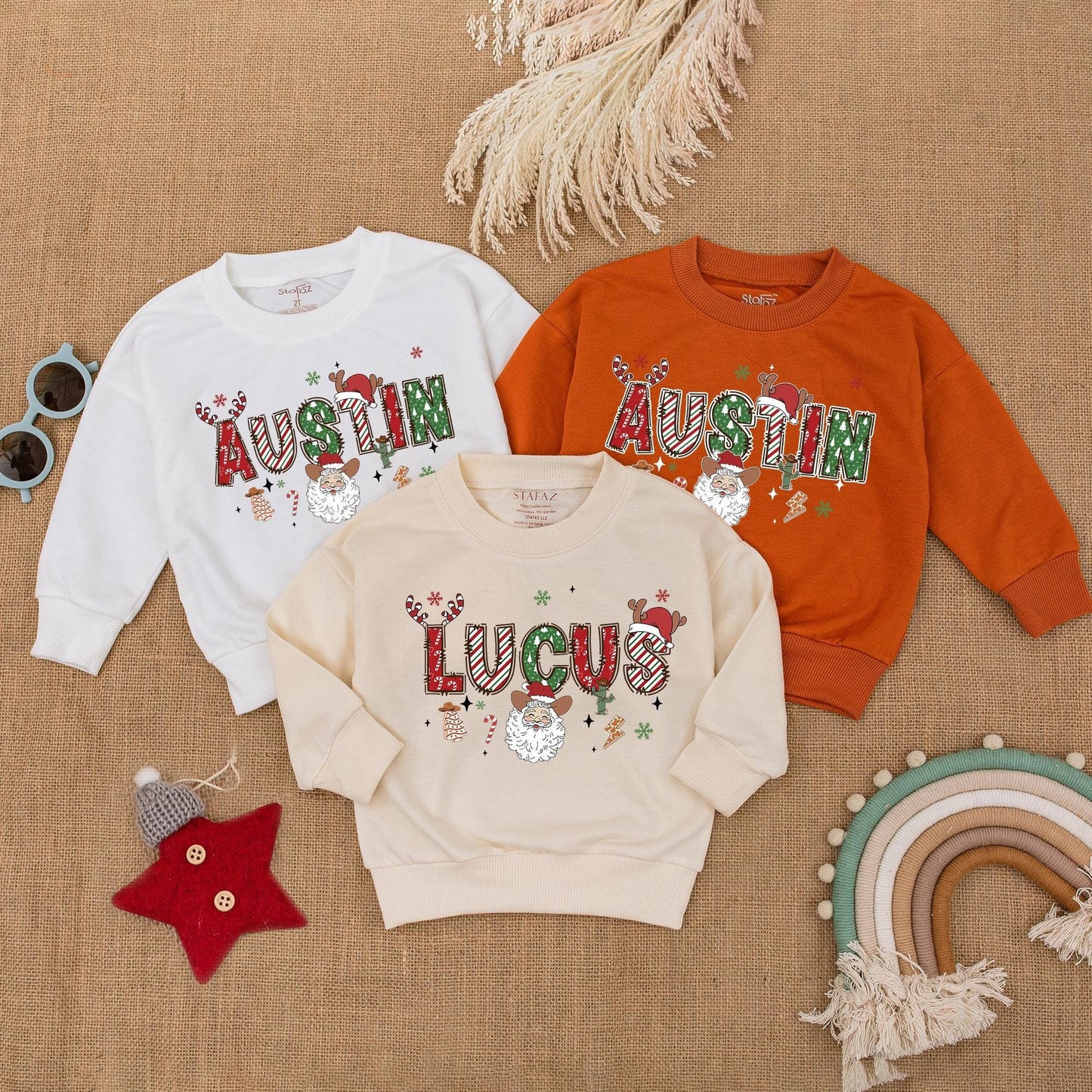 Personalized Western Christmas Sweatshirt: Candy Cane Name Santa Cactus Toddler Shirt, Holiday Baby Shower Gift, Cozy Outfit, Fun Xmas Colors