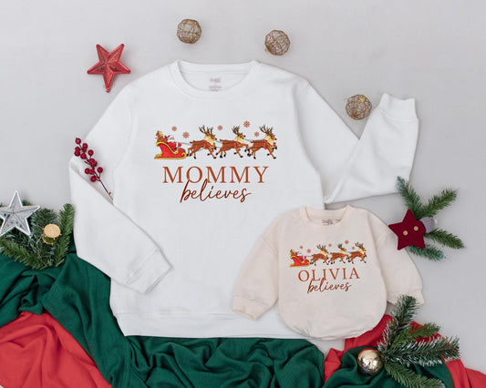 Personalized Mommy and Me Christmas Sweatshirts with Santa & Reindeer Sleigh, Brown Snowflake Believes Design, Matching Mom Baby Daughter Outfits
