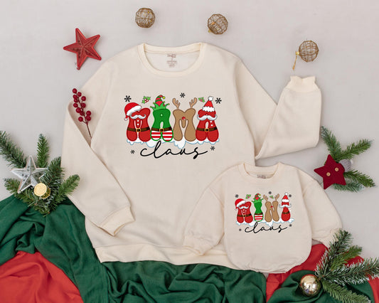 Personalized Mama Claus Mini Matching Christmas Sweatshirt Mom Baby Girl Outfit Festive Holiday Family Look Playful Santa Elf Vintage Style