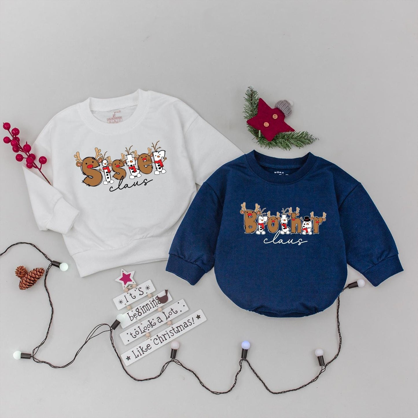 Claus Family Matching Christmas Sweaters: Boho Holiday Outfits for Daddy, Mommy, & Baby with Reindeer Antler Accents - Whimsical Xmas Gifts