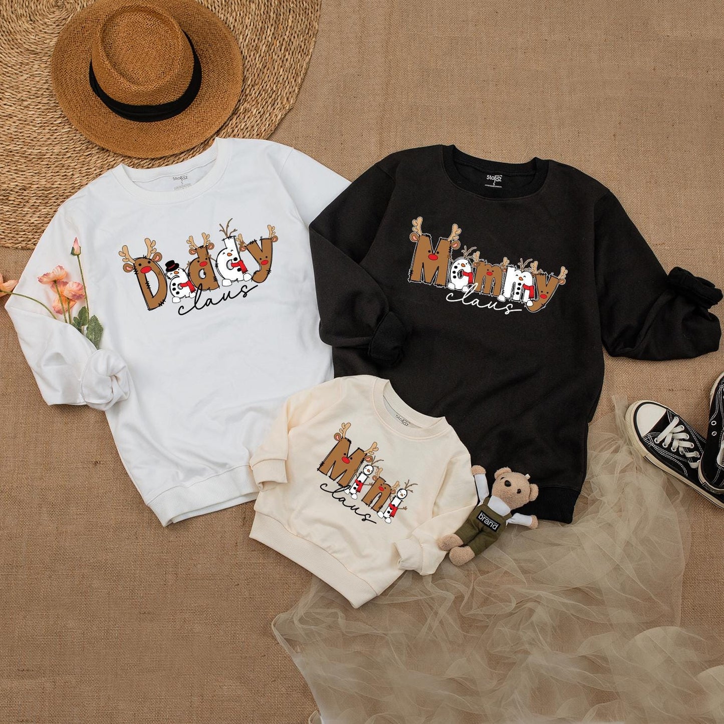 Claus Family Matching Christmas Sweaters: Boho Holiday Outfits for Daddy, Mommy, & Baby with Reindeer Antler Accents - Whimsical Xmas Gifts