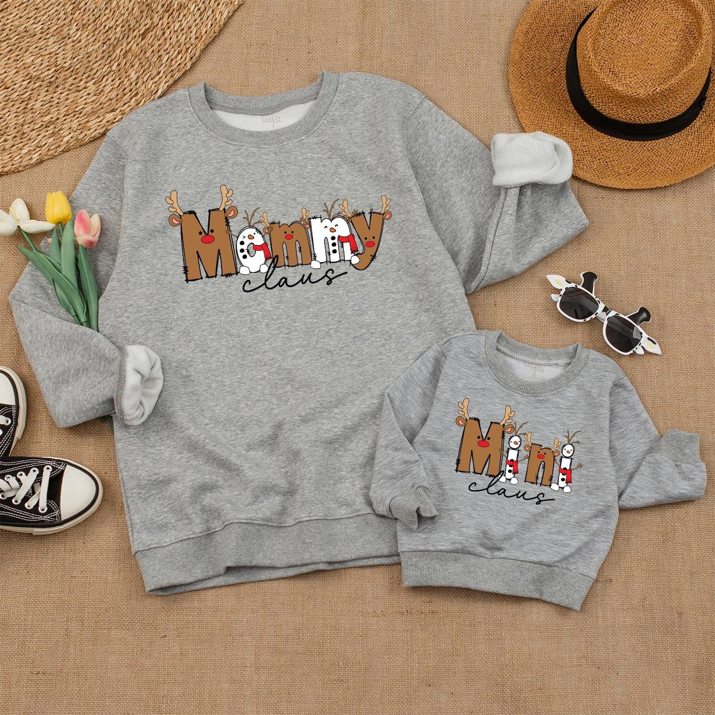 Claus Family Matching Christmas Sweaters: Boho Holiday Outfits for Daddy, Mommy, & Baby with Reindeer Antler Accents - Whimsical Xmas Gifts